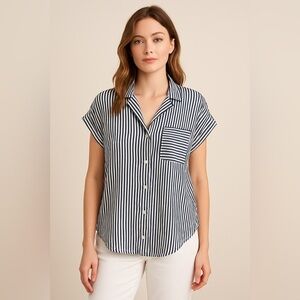 ID:23 Women’s Striped Nautical Button-Down Blouse S | Preppy Coastal Hi-Low Top